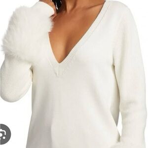 Ramy Brook Women Sz XXL Wool Blend Long Sleeve Faux Fur Sleeve V-Neck Sweater